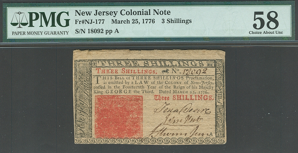 NEW Colony of New Jersey, March 25, 1776 3 Shillings John Hart hand